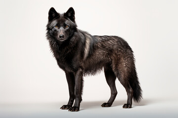 Black Wolf standing on a white background. Beautiful animal left-side portrait