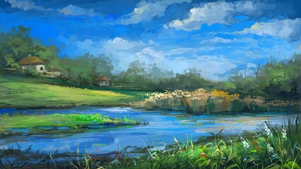 Rural landscape with river. Digital painting illustration.