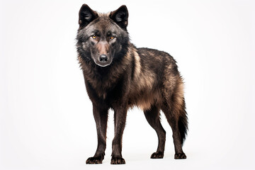 Fototapeta premium Black Wolf standing on a white background. Beautiful animal left-side portrait