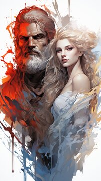 Full body portrait of Zeus and Hera the goddess by his side from Greek Mythology, video game art, concept art, digital art