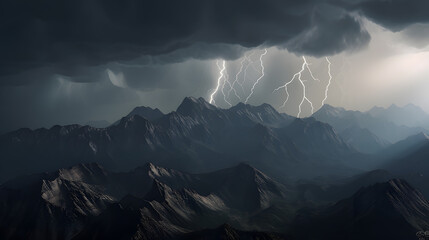 Storm's Embrace: Lightning Strikes over Mountainous Terrain with a Solitary Campfire Glowing in the DistanceAI generativ