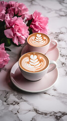 Top view of two white cups of tasty cappuccino with latte art on marble background in cafe