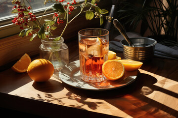 A glass of drink with citrus fruits on the windowsill in the backlight