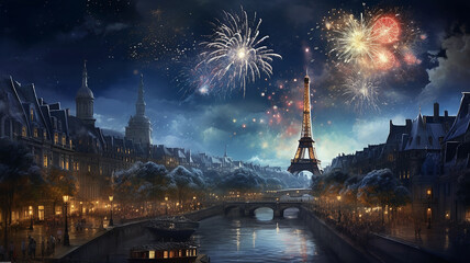 christmas celebration in paris city at night - obrazy, fototapety, plakaty