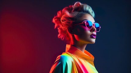 Fototapeta premium modern stylish woman at multi colored background, gen z or hipster youth studio shot, female at colourful background