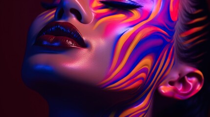 portrait of young beautiful woman with multi colored dye stylish makeup, pretty model female with multicoloured paint make up