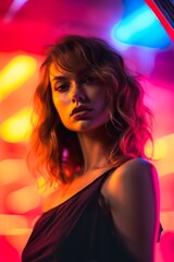 Naklejka premium modern stylish woman at multi colored background, gen z or hipster youth studio shot, female at colourful background