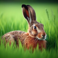 a brown hare laying in green grass