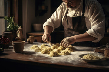 A man is making homemade pasta on a table