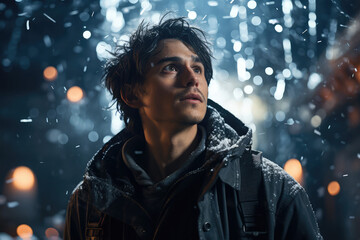 A young attractive man stands under a snowfall and looks expectantly at something