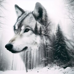 double exposure image of a wolf and the winter forest