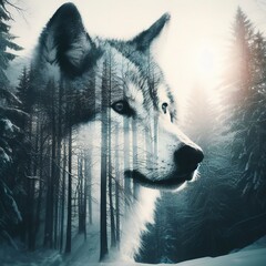 double exposure image of a wolf and the winter forest