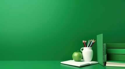 Workspace with stationery supplies on the table. Work from home concept. blank green background.With copy space for your text - Powered by Adobe