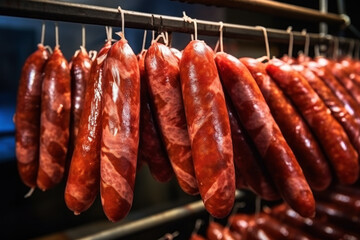 Photo of a display of hanging sausages in a market or butcher shop. Industrial smoking of sausages and meat products. Farm sausage production.
