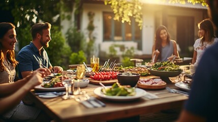 
Backyard Dinner Table with Tasty Grilled Barbecue Meat, Fresh Vegetables and Salads. Happy Joyful People , Celebrating and Having Fun in the Background on House Porch