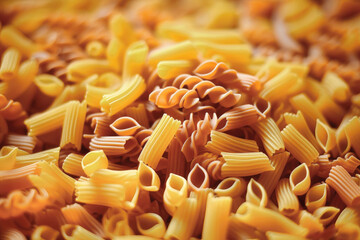 layout of Italian raw pasta, top view, different types and shapes of pasta, durum wheat noodles, close-up.