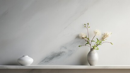 a photo of a marble wall and a shelf with a vase of flowers on it