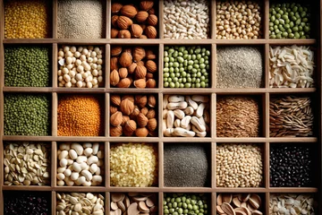 Tuinposter Assorted different types of beans and cereals grains. Set of indispensable sources of protein for a healthy lifestyle. Close-up. View from above. © Anoo