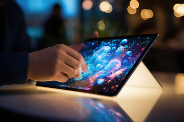 Man's hand draws on a tablet