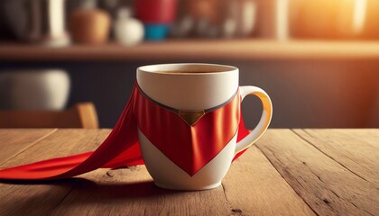 Coffee mug with a superhero cape - obrazy, fototapety, plakaty