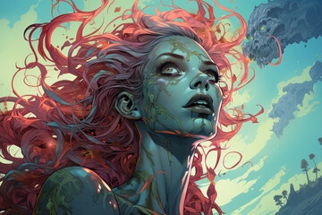 female zombie, close-up portrait. undead, drowned, ghoul girl. negative character. colorful illustration. - obrazy, fototapety, plakaty
