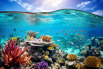 Naklejka premium Underwater coral reef with colorful fish. Generative Ai