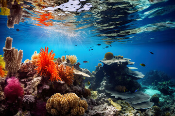 Underwater coral reef with colorful fish. Generative Ai