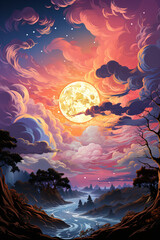 full moon, fantastic night landscape. illustration.