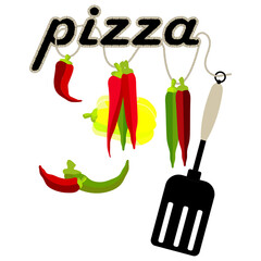 Pizza and ingredients. Sweet, Bulgarian peppers. Salad preparation. Vegetables. Vegetarian food. Healthy eating. Red bell peppers. Vector drawing