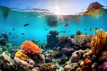 Naklejka premium Underwater coral reef with colorful fish. Generative Ai