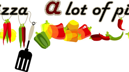 Pizza and ingredients. Sweet, Bulgarian peppers. Salad preparation. Vegetables. Vegetarian food. Healthy eating. Red bell peppers. Vector drawing