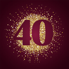  Happy 40th anniversary, shiny icon concept. Holiday background. 40 years old celebration. Creative number 4 0. Sale label. Up to 40 percent off discount. Graphic template. Abstract golden texture.