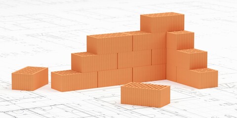 Obraz premium Cornered stack of red brick stones on architectural building construction drawing plans background, construction, building trade or masonry industry concept