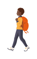 Girl tourist with a backpack. Woman walking. Travel and active lifestyle. Vector cartoon illustration isolated on white background