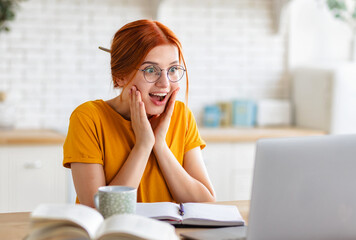 Overjoyed young woman student looks at the laptop screen, reads an email with great news received a...