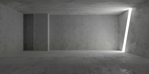 Abstract empty, modern concrete room with diagonal light stripe in the wall, pillar and rough floor - industrial interior background template - obrazy, fototapety, plakaty