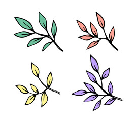 Set of colorful branches with leaves. Template element for design and decoration. Nature and forest. Cartoon vector illustration isolated on white background. Hand drawn outline sketch