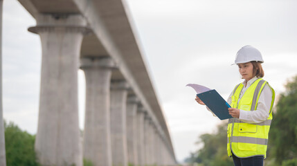 An Asian female engineer works at a motorway bridge construction site,Civil worker inspecting work on crossing construction