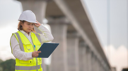 An Asian female engineer works at a motorway bridge construction site,Civil worker inspecting work on crossing construction