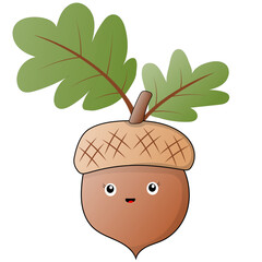 cartoon acorn with a stem and big leaves on top