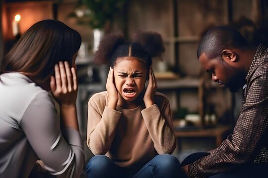 African girl cried sadly when her parents scolded her and screamed