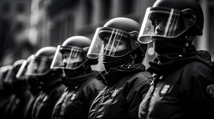 Fototapeta premium the stoic resilience of riot police in a row, facing the scrutiny of protesters