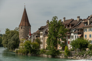 Fototapeta na wymiar Witches tower at the Reuss river in Bremgarten in Switzerland