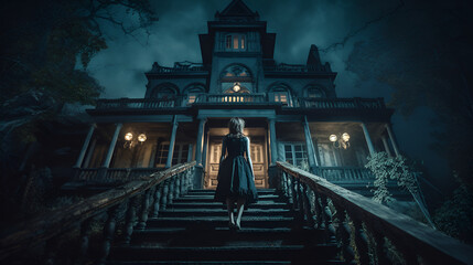 Fototapeta premium woman climbing steps of spooky mansion