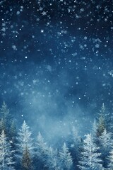 Blue Christmas background with fir trees, snowflakes and empty space. Copy space for your text. Merry Xmas, Happy New Year. Festive vertical backdrop.