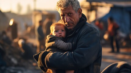 Senior immigrant man holds baby in his arms. baby on the street. Refugee camp, place of temporary refuge generative ai