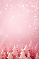 Obraz na płótnie Canvas Pink Christmas background with fir trees, snow and empty space. Copy space for your text. Merry Xmas, Happy New Year. Festive vertical backdrop.