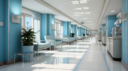 A hospital hallway with blue walls and white floors.