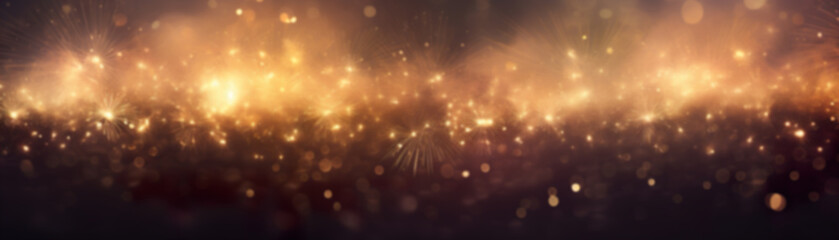 Fototapeta na wymiar Abstract Christmas background with empty space. Glitter, bokeh lights, fireworks. Copy space for your text. Merry Xmas, Happy New Year. Festive backdrop.