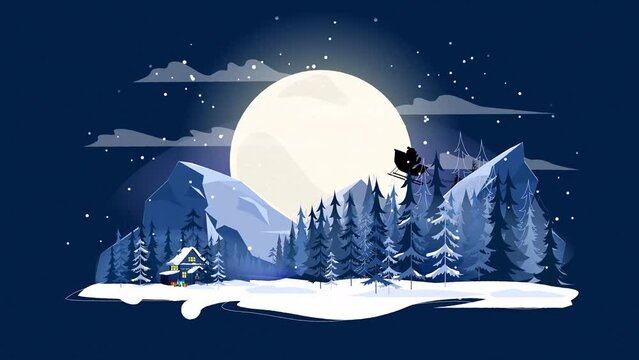2D Animated Snowy Christmas Themed Video Card Of Transitional Montage Of Moon, Santa, And Reindeer.